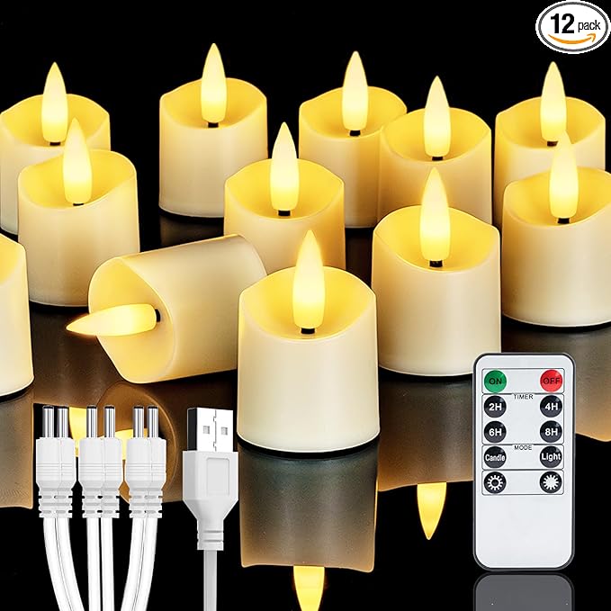 Homemory Rechargeable Flameless Candles, 2/4/6/8H Timer LED Votive Candles, 12 PCS Battery Operated Tea Lights with Timer for Table, Wedding, Christmas (USB Charging Cable Included)