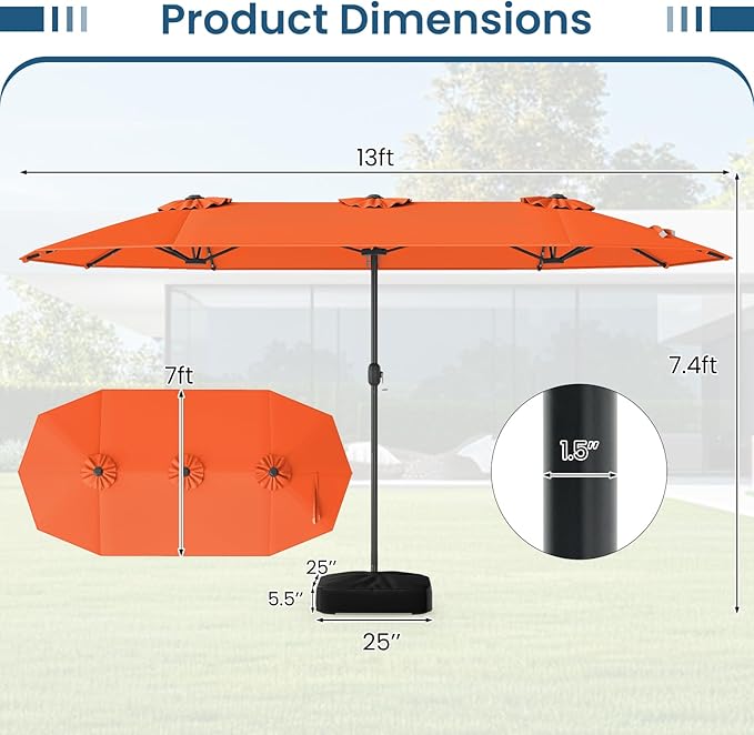 Tangkula 13FT Double-Sided Solar Patio Umbrella, Extra-Large Outdoor Twin Umbrella with 36 LED Lights, Vented Top, Crank Handle, 12 Ribs, Weighted Base Included for Backyard Poolside Deck (Orange)