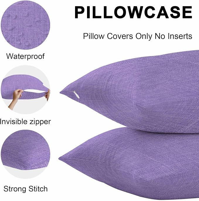 Pack of 2 Waterproof Outdoor Pillow Covers 20x20 Inch Decorative Pillow Covers Lavender Burlap Texture Throw Pillowcases Farmhouse Vintage Lavender Outdoor Cushion Cover for Couch, Patio, Tent