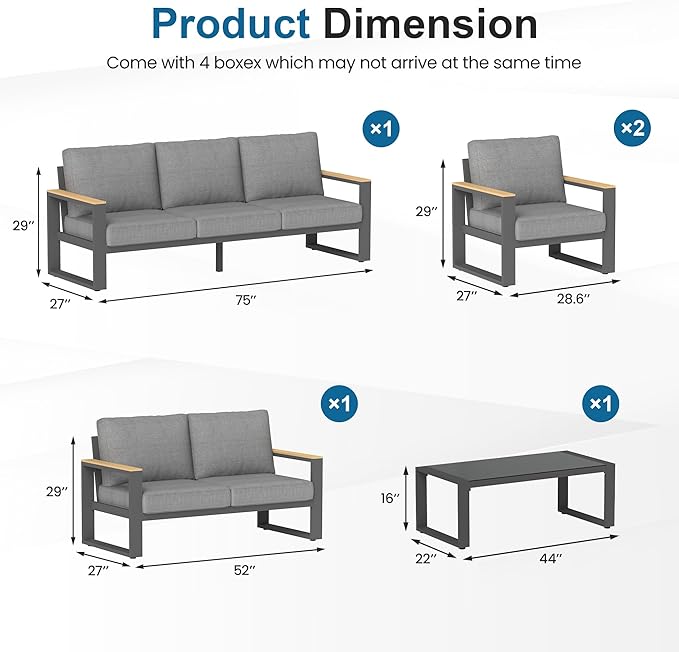 Aluminum Outdoor Patio Furniture Set with Height-adjustable Footrest for Lawn Porches Patio, 7-Seats All-weather Patio Sofa Sets with Coffee Table, Modern Outdoor Patio Conversation set, Grey