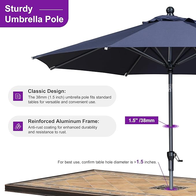 PURPLE LEAF 9' Round Patio Market Umbrella with Base Outdoor Table Umbrellas Aluminum Frame Sun Shade with 8 Sturdy Ribs Tilt for Garden Deck Lawn Pool Navy Blue