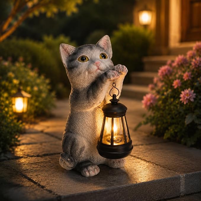 Cat Solar Lights Outdoor Garden, Cat Statue with Lantern for Cat Lover Gift | Cat Solar Lantern Garden Statue, Cat Fugurines Yard Art Lawn Ornaments Porch Patio Home Decor Gardening Gifts for Grandma Mom