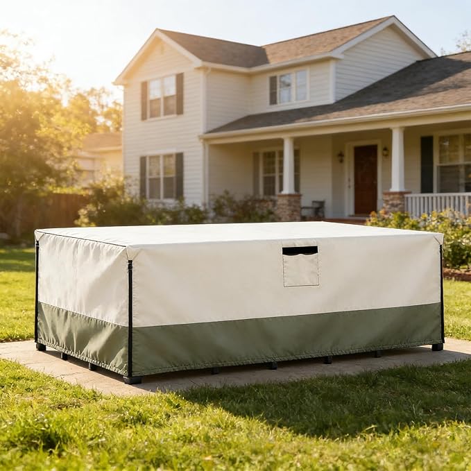 Bitubi Rectangular Patio Table Cover - Heavy Duty 600D Tough Canvas Waterproof Outdoor Dining Table and Chairs Universal Furniture Cover Size 111L x 74W x 28H inch, Beige
