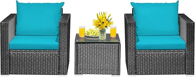 HAPPYGRILL 3 Pieces Rattan Patio Conversation Set, PE Wicker Patio Furniture Set with Coffee Table and Cushions, Outdoor Sofa Set for Garden Balcony Porch Poolside