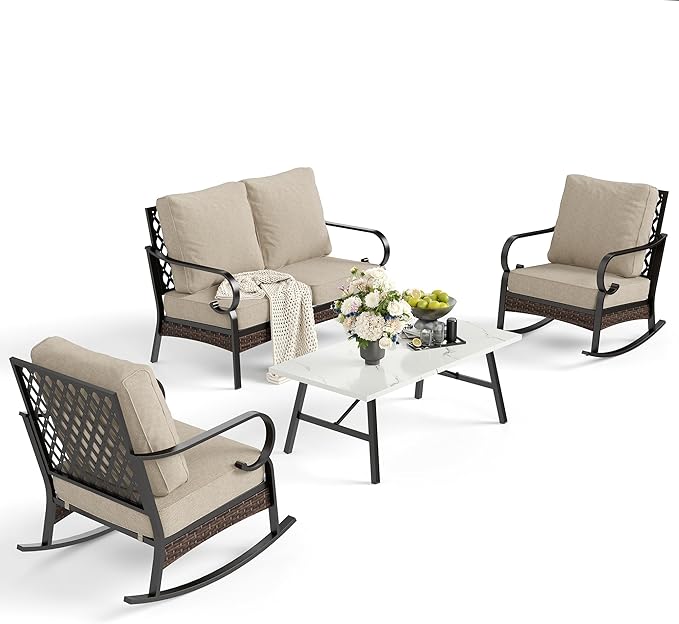4 Piece Metal Outdoor Patio Furniture Sets, Patio Conversation Sets 1 Loveseat, 2 Rocking Sofa with 5.75" Extra Thick Cushion and Coffee Table, Balck Frame Backyard Furniture, Beige