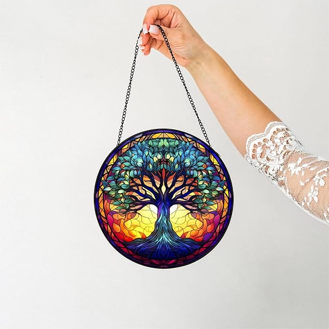 Tree of Life Suncatcher Stained Glass Window Hanging | 7.9 in, Catcher, Garden Decor