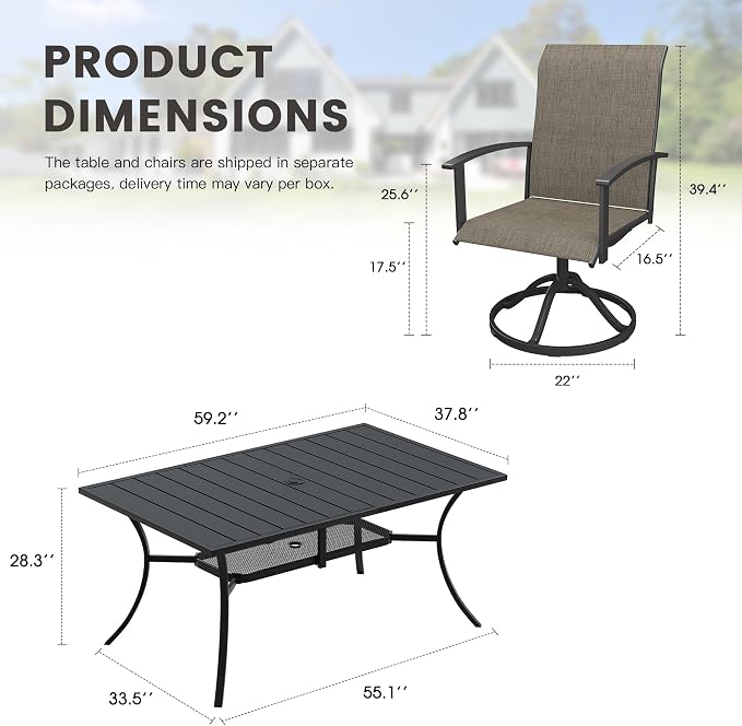 7 Pieces Patio Dining Set, Outdoor Furniture of 59.2" Rectangular Patio Table and Patio Swivel Chairs for Backyard Lawn Garden, Black Table and Mixed Brown Chairs
