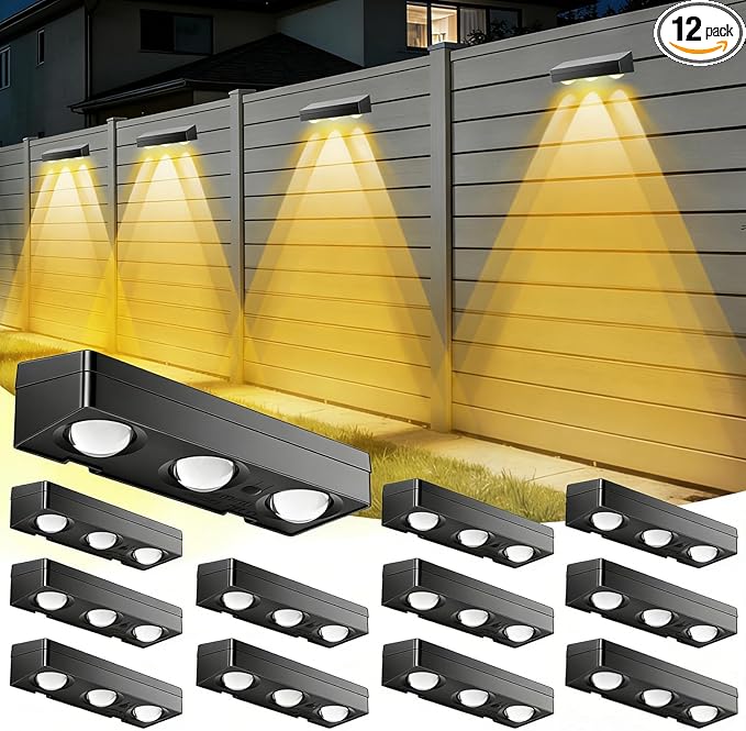 Solar Fence Lights Outdoor Waterproof 3000/5000K/RGB 12 Mode, 12 Pack 60LM Brighter 3 LED Spot Lens Deck Lights Solar Powered Wall Lighting Decor for Outside Step Porch Patio Yard Railing Pool