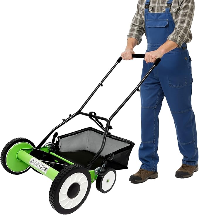 Lawn Sweeper Push, Push Lawn Sweeper Leaf Collector Lawn Mower Manual Push Reel Lawn Mower Adjustable Height with Collecting Bag for Lawn, Sidewalk, Driveway (16in)