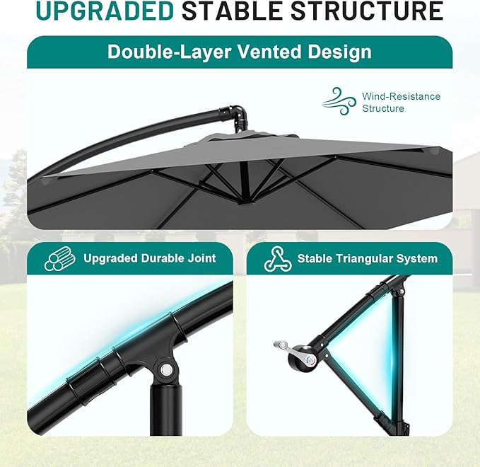 AreShark 10FT Patio Outdoor Umbrella, Offset Patio Umbrella Cantilever Umbrella, 6 Sturdy Ribs, Easy Adjustment for Garden Market Pool with Cross Base (Gray)
