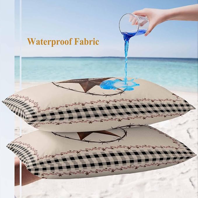 American Country Outdoor Waterproof Throw Pillow Covers Set of 2, 20"x12", Star Farmhouse Beige Black Buffalo Plaid Decorative Pillow Covers Outside Cushion Case for Patio Porch Garden