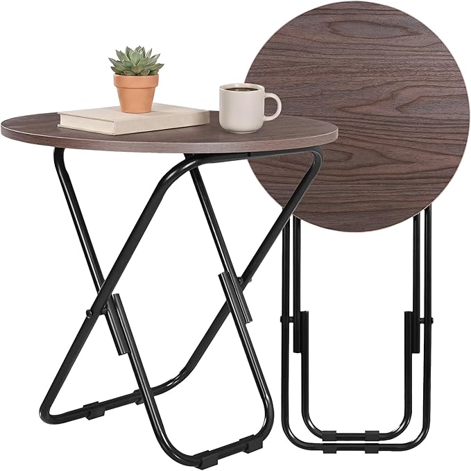 VECELO 17.7" Small Folding Table Set of 2,Round Patio Outdoor Side Table, Foldable Wooden Table with Weather Resistant Steel Frame, Patio Table for Camping Picnic Garden Small Space