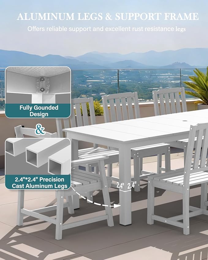 LOUNZY 9 Pieces Patio Dining Sets, Outdoor HDPE Furniture Set for 8 w/ 2" Hole Cut-Out Dining Table 75.2in with 8 Patio Chairs(2 W/Armrest, 6 w/o Armrest), White