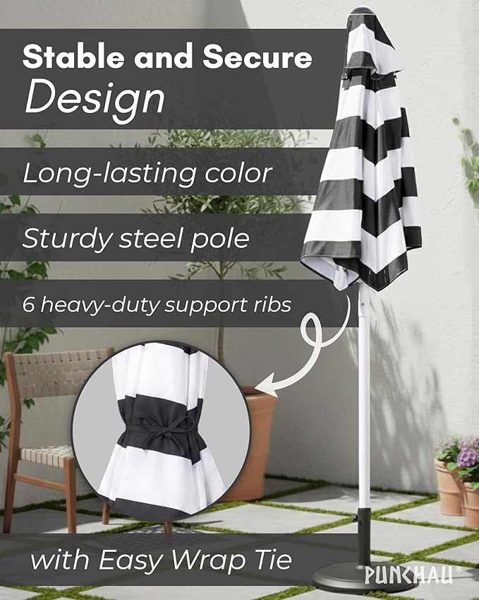 6 Ft Boho Outdoor Patio Umbrella, 6 Foot Patio Table Umbrella, Easy Open/Close Crank and Push Button Tilt Adjustment, Black & White Striped