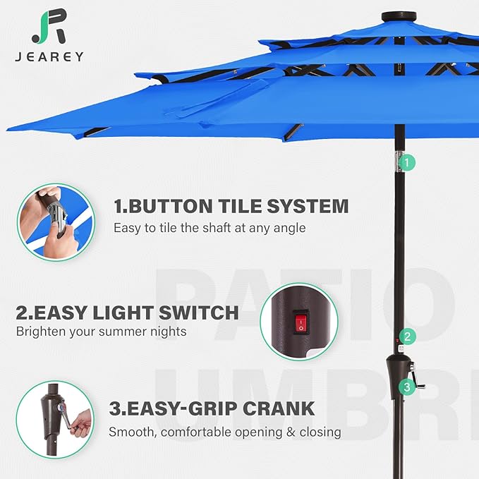 JEAREY 3 Tiers Patio Umbrella with Solar Lights 9ft Outdoor Market Table Umbrellas with Push Button Tilt for Outside Pool Garden, Royal Blue