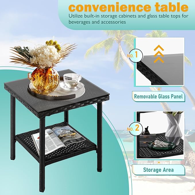 PayLessHere Set of 3 Outdoor Furniture Set Heavy Duty Patio Furniture Set Sturdy Conversation Set with 2 Rattan Chairs Glass Top Coffee Table Seat Cushions for Coffee Bar Poolside Patio Outdoor, Red