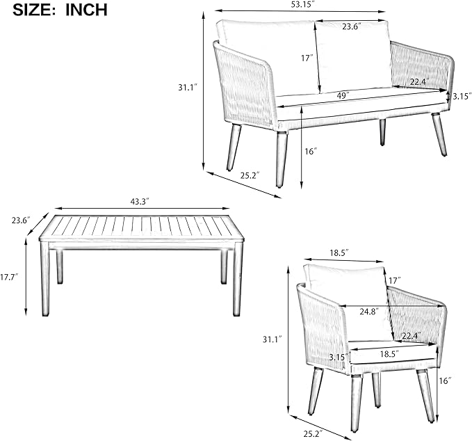 TREXM 4-Piece Patio Conversation Set, Solid Wood Loveseat, 2 Chairs and Table, Outdoor Conversation Group with Cushions for Backyard, Poolside, Garden (Beige Cushion + Natural Rope)