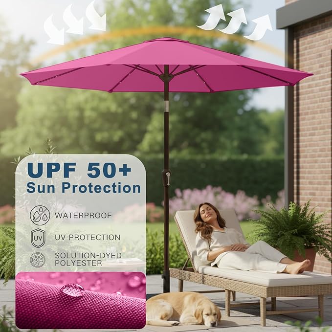 9' Solar LED Patio Umbrella with Tilt & Crank|8 Sturdy Ribs,UV Protection,Outdoor Market Table Umbrella for Deck,Lawn,Pool,Backyard(Rose Pink)