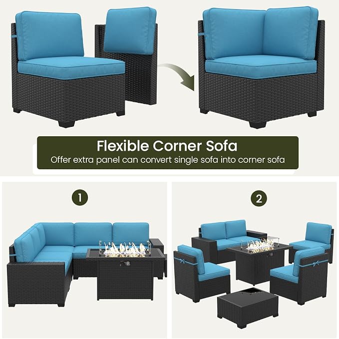 LayinSun 7 Pieces Outdoor Patio Furniture Set with 44" Fire Pit Table Rattan Sectional Sofa Conversation Sets