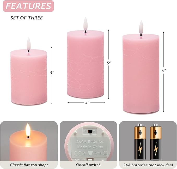 Pink Flameless Pillar Candles, Real Wax Battery Operated Candles with Remote, Flat Top Flickering Flameless Candles, LED Candles for Home Party Wedding Romantic Night Decor, Set of 3