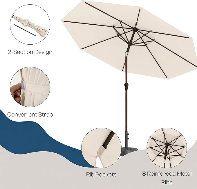 Outdoor Patio Umbrella, 2 Tiers Market Table Umbrella with 8 Sturdy Ribs, Push Button Tilt and Crank, UPF50+ UV Protection for Deck, Pool, Garden and Backyard