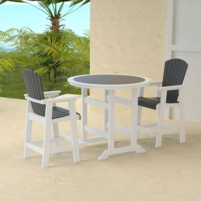Outdoor Bar Height Table and Chairs Set of 3, Round Counter Bar Table with 1.96" Umbrella Hole, 2 Pcs Tall Adirondack Chairs Bar Stools with Arm, Patio Dining Set for Backyard Deck Balcony Front Porch