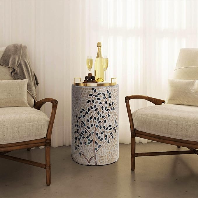 PEMAR Mother of Pearl Cylinder Drum End Table Nacre Side Stool Round Accent Table Coffee Bedside Nightstand and Vanity Stool Olive Tree 13" Diameter x 19.3" High