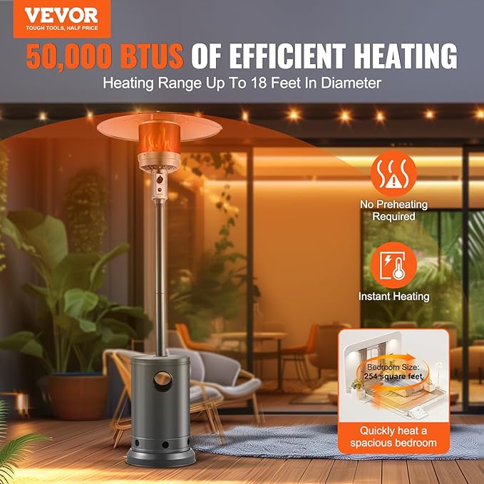 VEVOR 50000BTU Propane Patio Heater for Outdoor Use With Round Table Design, Metal Burner and Wheels - Tall Hammered Flame Heater for Party, Backyard, Garden, Silver Gray