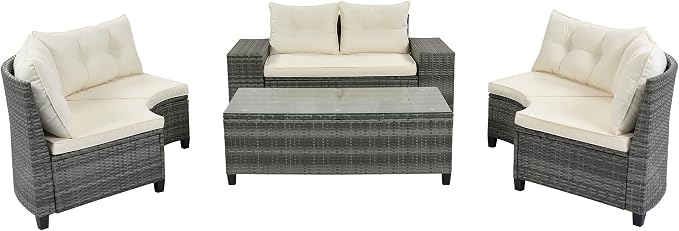 LUMISOL 8 Piece Half Moon Curved Wicker Patio Furniture Set, All Weather Outdoor Conversation Sofa Set with Coffee Side Tables, Garden Backyard Porch Decor, Beige