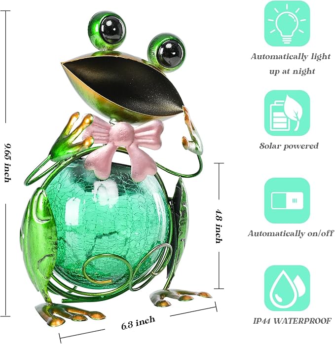 MUMTOP Frog Garden Decor, Frog Solar Lights Outdoor Decorative Waterproof with Crackle Glass Globe and Bowknot Yard Ornaments for Tabletop Garden Lawn Outside Porch Home Decorations