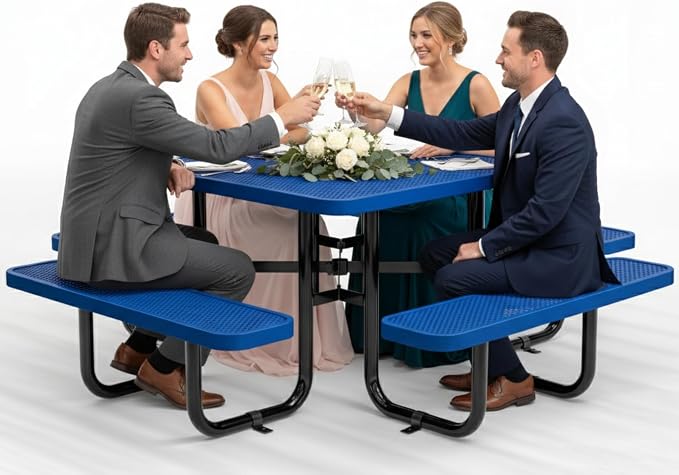 Metal Picnic Tables for Outdoors with Umbrella Hole - Coated Steel Heavy Duty Commercial Grade Furniture (Blue, 46 in, Square, Punched Steel)