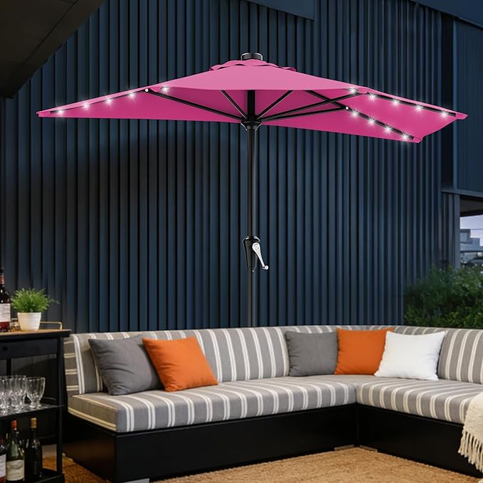 AreShark 9ft Patio Half Umbrellas with Solar Lights, 1/2 LED Half Outdoor Umbrella w/ 20 LED Lights, Lighted Table Wall Umbrella with Crank & 5 Sturdy Ribs for Market, Pool, Deck, Lawn and Garden, Rose Pink