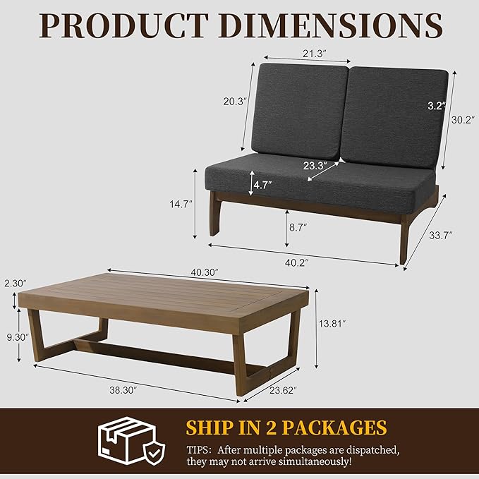 UIXE 2 Pieces All Weather Wood Patio Furniture Sets, Patio Loveseat Outdoor Sofa with Solid Wooden Coffee Table - Dark Gray