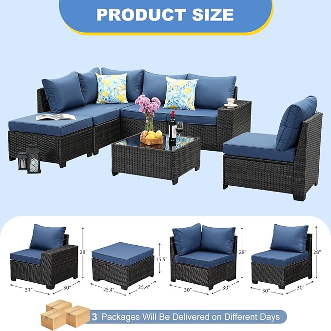 7 Pieces Outdoor Patio Furniture Set, Wicker Conversation Sets with Tea Table, Rattan Patio Sofa with Thick Cushions for Garden, Backyard Porch, Poolside,Navy
