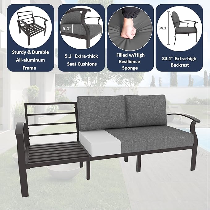 ALAULM Aluminum Patio Furniture Set with Round Propane Fire Pit Table 9-seat Metal Outdoor Furniture w/Swivel Chairs & 2 Ottomans Patio Sectional Sofas for Porch, Lawn, Poolside（Grey