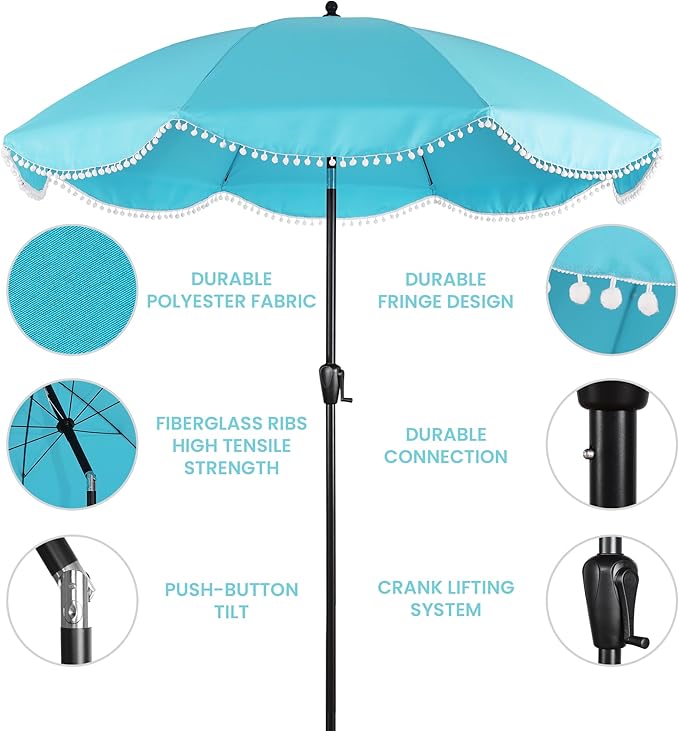 Sun-Ray 9' Patio Umbrella with Aqua Copy and White Fringe Accents, Black Frame Market Umbrella for Patio, Deck, and Backyard