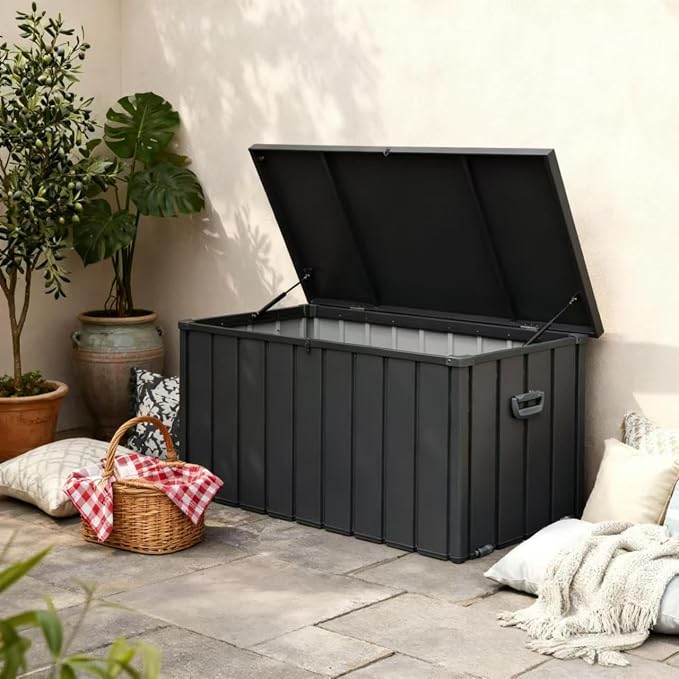 JOSHEN 200 Gallon Outdoor Storage Deck Box with Side Handles & Mobile Wheels, Large Patio Storage Bin with Lockable Lid & Hydraulic Rod, Garden Organizer with Waterproof & UV Resistant Steel Panels
