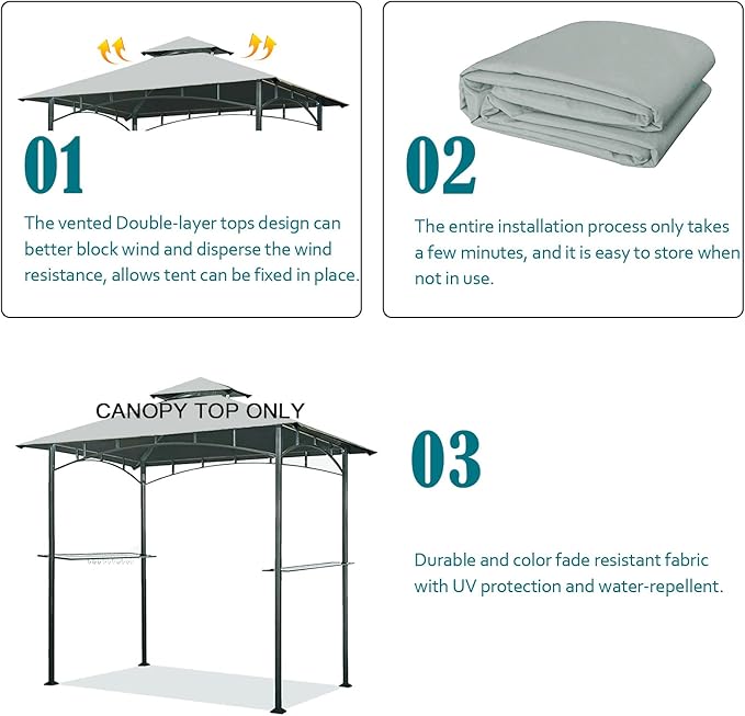 Grill Gazebo Replacement Canopy Top - Wonwon 5x8 Gazebo Roof Double Tiered Outdoor BBQ Roof Cover Grill Shelter Only Fit for Model L-GG001PST-F (Gray)