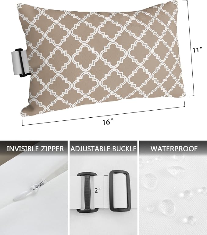 Outdoor Pillows Covers with Inserts Beige Moroccan Pattern Geometric Waterproof Recliner Pillow with Adjustable Strap Throw Pillows for Patio Furniture Pool Lounge Chair, 11x16 inch, 1PCS