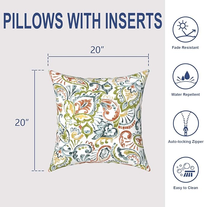 Outdoor 20x20 Inch Throw Pillows with Inners, Square Pillows Decorative Set of 2 for Home Garden Furniture, Paisley Botanical