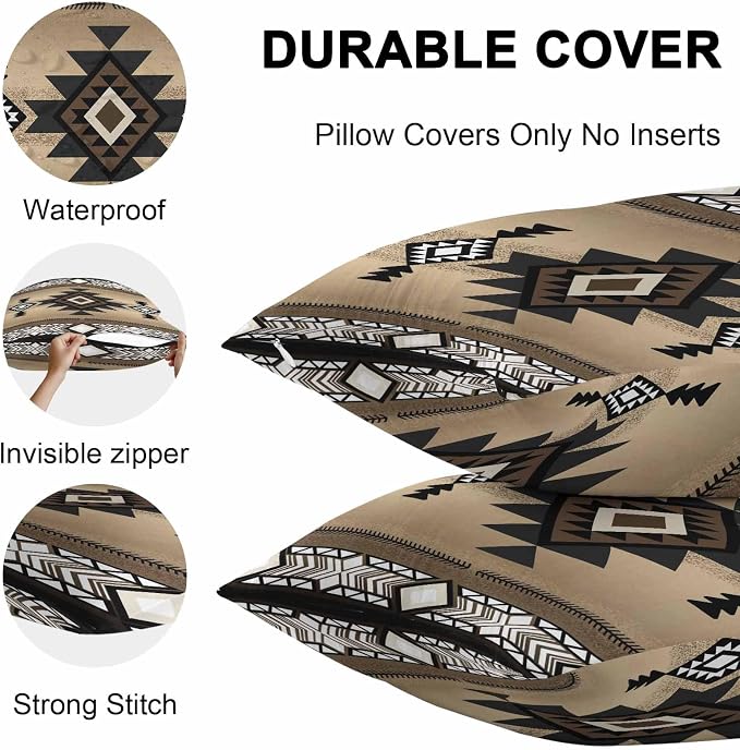 Vandarllin Outdoor Throw Pillows Covers 26x26 inch Set of 2 Waterproof Brown Tribal Style Decorative Zippered Cushion Covers for Patio Furniture, Southwest Native American Lumbar Pillowcases