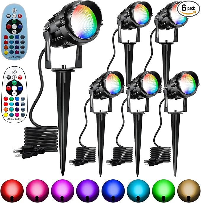 Outdoor Color Changing Landscape Spotlights,12W RGBW Landscape Lighting Waterproof Outdoor Spotlights for Yard Garden Patio Lawn Decorative,6 Packs