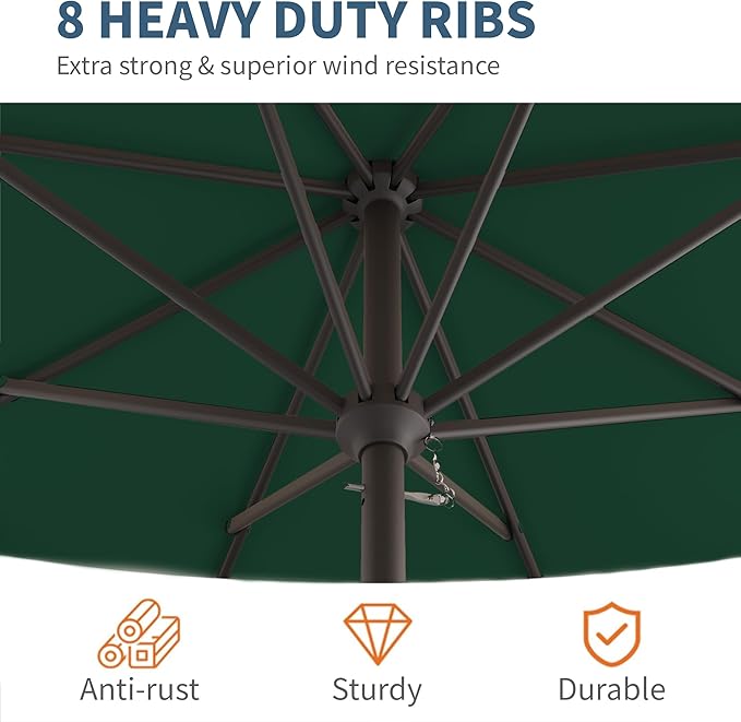 10FT Patio Umbrella, Outdoor Umbrella with Push Button Tilt and Crank, 8 Sturdy Ribs, UV Protection & Waterproof Market Umbrella for Pool, Backyard, Beach,Deck (Dark Green)