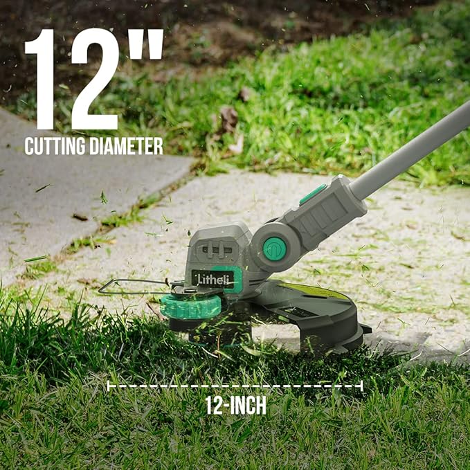 Litheli 20V 12 Inch Cordless String Trimmer/Edger, 2 X 2.0Ah Battery Powered Weed Eater with Auto-Feed for Lawn Trimming/Edging, with 6 Pcs Grass Cutter Spool Line, Fast Charger Included.