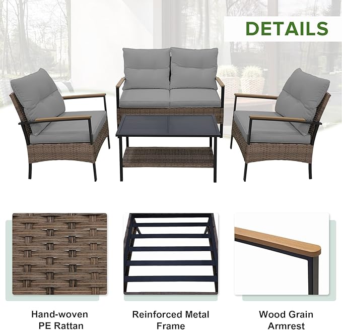 EAGLE PEAK 4 Piece Mojave Dusk Outdoor Conversation Set, Patio Wicker Furniture, Loveseat, 2 Patio Chairs and Coffee Table, Brown/Gray