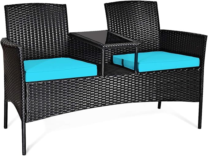 Outdoor Love Seat Set Patio Conversation Set with Cushion & Built-in Coffee Table, Outdoor Rattan Sofa Furniture Set for Garden, Lawn, Backyard (Turquoise)