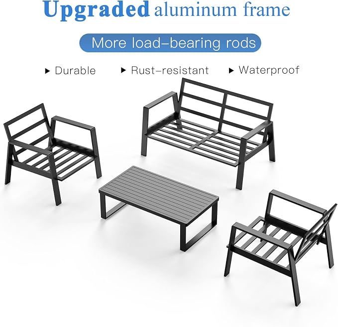 Aluminum Outdoor Patio Furniture Set, 4 Piece Sectional Coversation Sets with Coffee Table, Modern Outdoor Sofa Couch with Thick Cushions for Porch, Balcony, Garden, Dark Gray