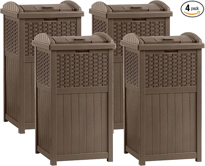Suncast Trash Hideaway 33 Gallon Resin Wicker Outdoor Garbage Container (4 Pack)