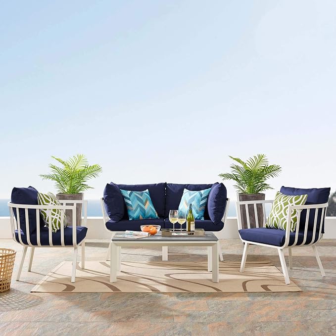 Modway Riverside 5 Piece Outdoor Patio Aluminum Set in White Navy