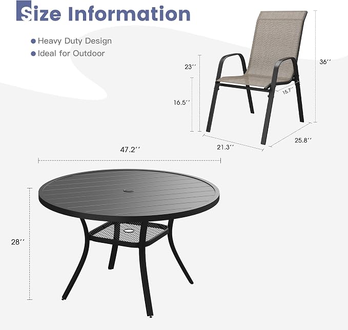 VICLLAX Round Patio Dining Set for 6, Metal Slatted Patio Table with Umbrella Hole and Stackable Patio Chairs for Deck Lawn Garden, Brown Fabric and Black Tabletop